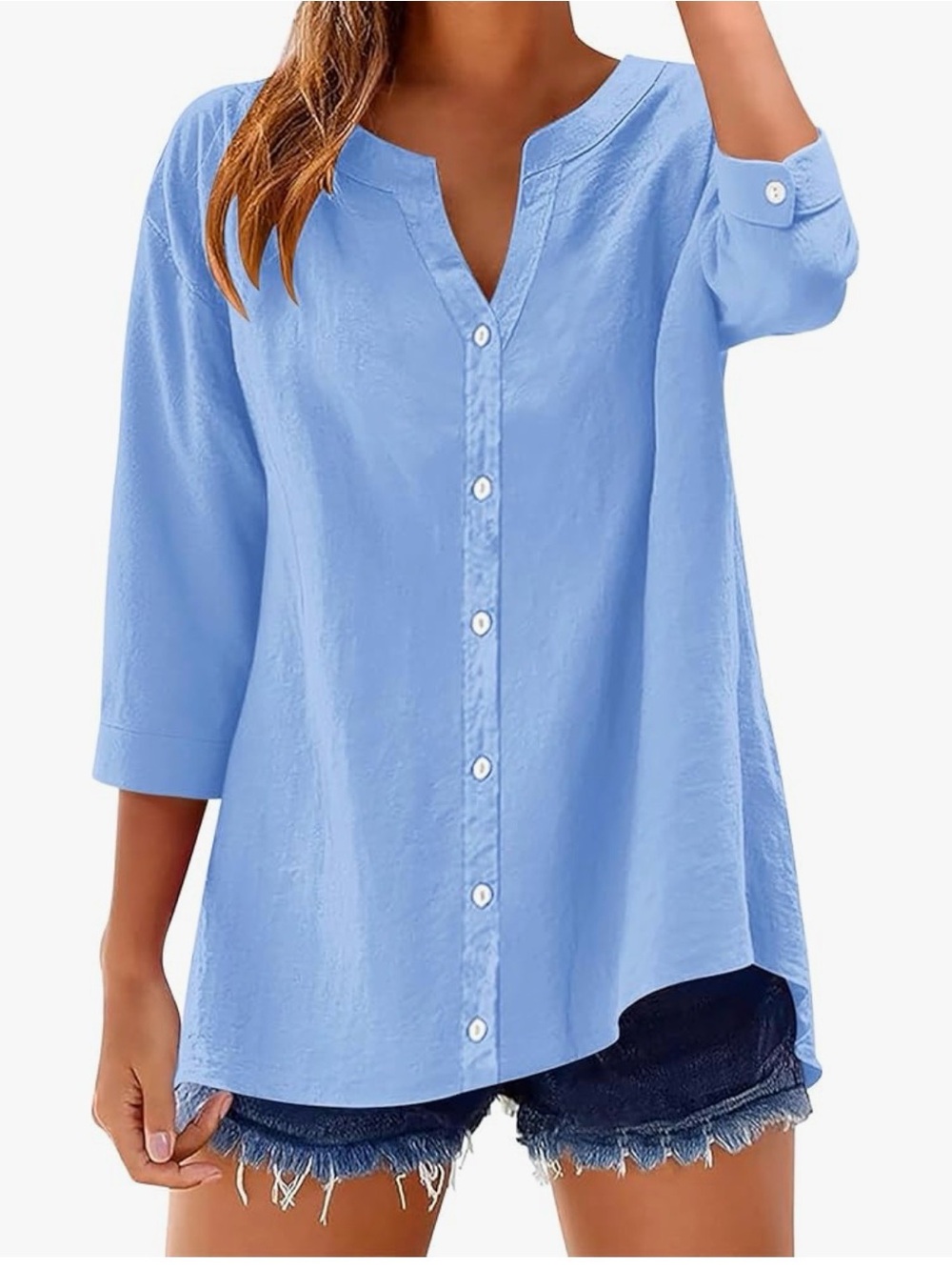 Classic Light Blue Button-Down Women's Tunic Blouse